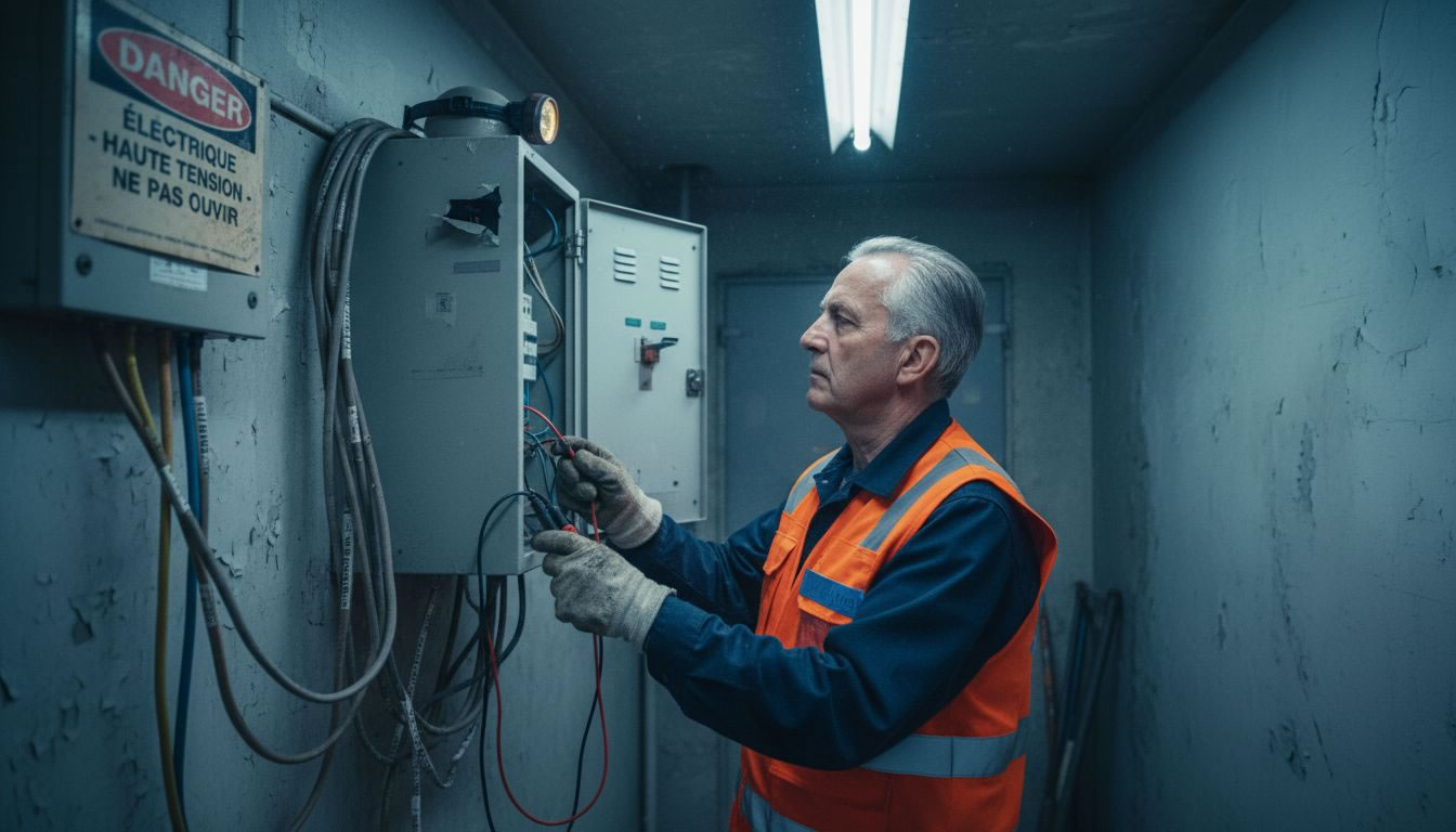 Engenheiro técnico realizando inspeção em painel de controle industrial aberto